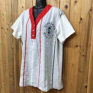 USA製◆ヴィンテージ古着 BASEBALLシャツ 半袖Tシャツ トップス ストライプ ポリコットン 野球 ベースボール アメリカ古着 レディースL