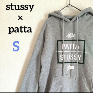 希少ダブルネーム！Stussy Pattaコラボ プルオーバーパーカー パタ ダブルネーム フーディー ロゴドン ビッグロゴ グレー S ストリート系 