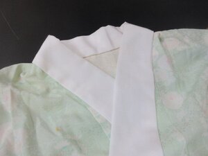 1円 良品 正絹 長襦袢 縮緬 式典 入学 卒業 和装 和服 黄緑 菊 枝花 袷 身丈124cm 裄67cm【夢職】★★★