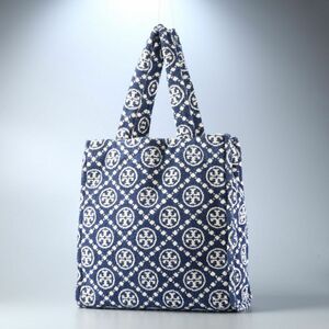 MG3466△トリーバーチ TORY BURCH*149296*ジャカード*ダブルT*パイル*大容量*トートバッグ ショルダー 肩掛け*鞄*ネイビー×アイボリー