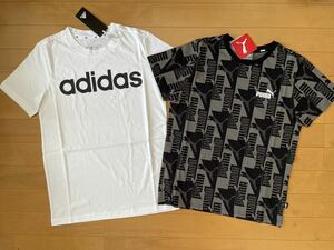 新品 送料込み!! 半袖Tシャツ2枚 150 adidas アディダス リニアロゴ ホワイト 白・PUMA プーマ 総ロゴ ブラック 黒　総柄　即決