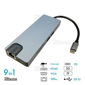 9in1 USB Type Cハブ 100W PD急速充電 イーサネット 4K HDMI USB3.0 SD&Micro SDカードスロット VGA搭載 マルチハブ イヤホンジャック