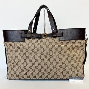 2407-109-1｜美品｜GUCCI グッチ GGキャンバス トートバッグ キャンバス 本革 レザー ダークブラウン コントロールカード付き