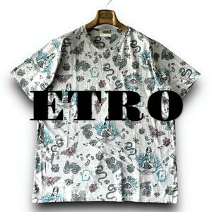 D17 極美品 タトゥーデザイン 刺青柄 定価6万 2XL『エトロ ETRO』イタリアンコットン 霜降り 蛇 宝石 ペイズリー 半袖 Tシャツ カットソー