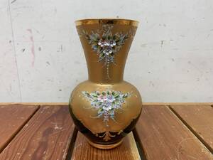 【BOHEMIA/ボヘミアグラス？】MURANO/ムラーノ？【花瓶/フラワーベース】金彩 花器 緑 壺 花柄 8cm×17.5cm 中古品