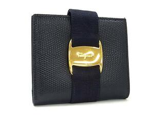 1円 ■美品■ Salvatore Ferragamo フェラガモ 22 3053 ヴァラ リザード型押しレザー 二つ折り 財布 ウォレット ネイビー系 FI2119