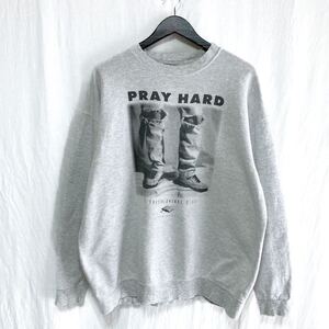 90s USA製 PRAY HARD ONEITA プリント スウェット シャツ 霜降りグレー 聖書 グッド　デザイン XL