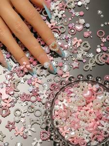 ネイル デコレーション アートネイル 真珠 ピンク ハート ボウ ビーズ 全1200個 ミックス形状