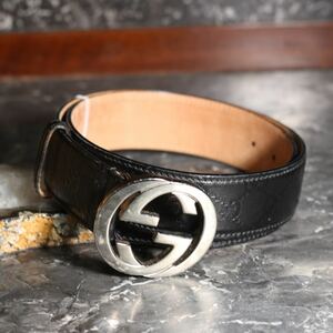 GUCCI GG PATTERNED EMBOSSED LOGO BUCKLE LEATHER BELT/グッチGG柄型押しロゴバックルレザーベルト②