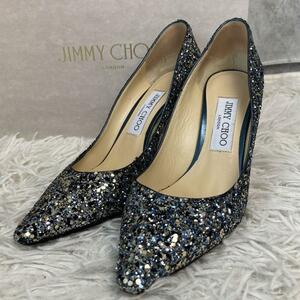 箱付 ジミーチュウ JIMMYCHOO パンプス 24.5 37 1/2 ハニーズチュールスカート ハイヒール グリッター レディース シャンパンブルー 青