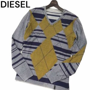 DIESEL ディーゼル 秋冬 ボーダー × アーガイル★ Vネック ウール ニット セーター Sz.XL　メンズ　I3T01276_9#K