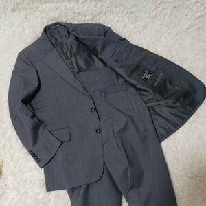 1円〜 希少　M～L相当 BURBERRY バーバリー スーツ セットアッストライプ 大きい　シング 　96-86-170 AB5 グレー 汎用性○モヘア　背抜き