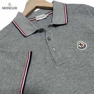 未使用級●MONCLER モンクレール マグリア ワッペンロゴ トリコロール 半袖 前立て ポロシャツ 鹿の子 綿 グレー M 正規品 メンズ 春夏 