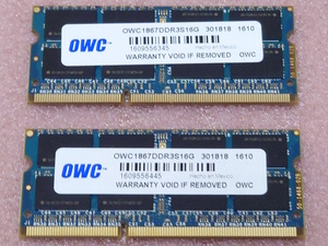 ＃OWC OWC1867DDR3S16G 2枚セット *PC3L-14900S/DDR3L-1866 204Pin DDR3 S.O.DIMM 32GB(16GB x2) 動作品
