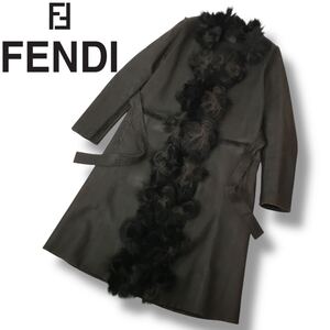 u157 FENDI フェンディ Vintage ファー レザー ロングコート ダークブラウン 40 イタリア製 正規品 アウター ジャケット フラワーモチーフ