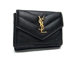 1円 SAINT LAURENT サンローラン カサンドラ Vステッチ レザー 三つ折り 財布 ウォレット 札入れ 小銭入れ レディース ブラック系 FJ2838