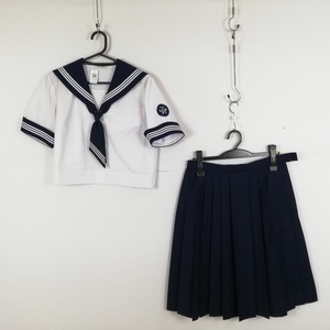 1円 セーラー服 スカート ネクタイ 上下3点セット パリス 夏物 白3本線 女子 学生服 神奈川中沢中学 白 制服 中古 ランクC EY9798