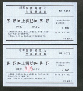 ＪＲ東日本茅野駅発行の諏訪湖花火往復乗車券２枚セット　2018年