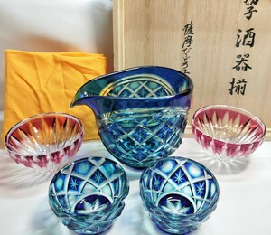 ☆超美品☆薩摩切子 片口酒器揃 富士山盃 金赤 （切子、江戸切子、薩摩切子）