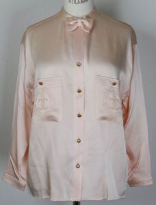 80S vintage CHANEL coco silk blouse シャネル カンボン ココマーク ボタン シルク ブラウス シャツ リボン タイ ボウタイ b8563