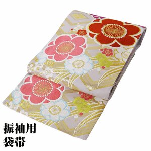 振袖用 袋帯 正絹 極薄紫 金 梅花 花菱 Lサイズ F6476 美品 レディース シルク オールシーズン 成人式 送料込み