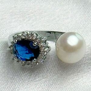 本真珠×タンザナイト　7mm 天然パールリング　指輪 