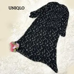 UNIQLO 黒系 花柄 総柄 シフォン ボタンワンピース 羽織 体型カバー