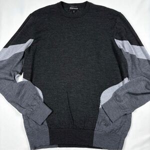 希少XL★美品 EMPORIO ARMANI 高級 黒タグ エンポリオアルマーニ 薄手ニット セーター イーグルロゴ 切替え ブラック グレー メンズ 紳士 