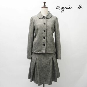 美品 agnes b. アニエスベー セットアップセレモニースーツ ラメ 丸襟ジャケット膝丈スカート 総裏 レディース グレー サイズ36*HC358