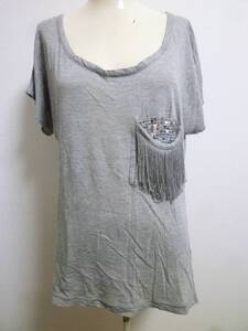 JILL STUART/ジルスチュアート◆グレー背中開きリボンフリンジポケットフリル袖フレア袖TシャツカットソーFR/半袖ウエスタン系◆1117