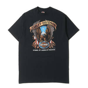 HARLEY-DAVIDSON ハーレーダビッドソン Tシャツ サイズ:XL 90s 3D EMBLEM イーグル 両面プリント クルーネック Tシャツ USA製 ブラック