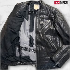 M相当/希少デザイン●DIESEL ディーゼル シングル ライダース ジャケット ラムレザー ブルゾン ロゴプレート 羊革 ブラック メンズ