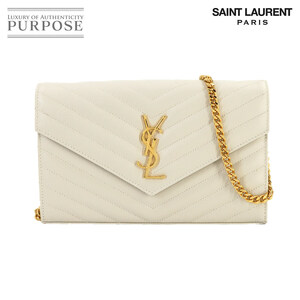 未使用 展示品 サンローラン パリ SAINT LAURENT PARIS カサンドラ チェーン ウォレット 長財布 レザー オフホワイト 377828 90241349