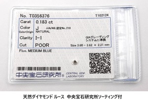 ☆【天然ダイヤ・送料無料】天然ダイヤモンド ルース 0.183ct, I-1, POOR 中央宝石研究所ソーティング 新品未使用品