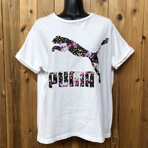 PUMA＊プーマ レディースL 半袖Tシャツ ドルマンスリーブ 白T ビッグロゴ プリントTシャツ カジュアル スポーツ 古着