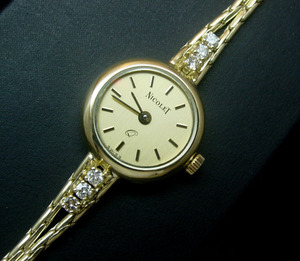 ◆９８【T.B】美品ＮＩＣＯＬＥＴ：ＳＷＩＳＳ　Ｋ14ＹＧ：ダイヤモンド クォーツ レディース　時計15.1g
