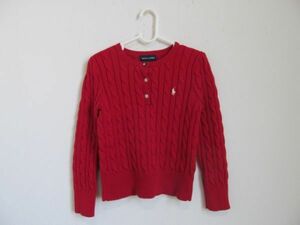 (56565)RALPH LAUREN　ラルフローレン　コットン　ケーブル　ニット　セーター　長袖　レッド　120　サイズ6　USED