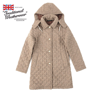 美品！英国製 Traditional Weatherwear ダイヤキルト 中綿ウールコート フード付 ブラウン 34(S)