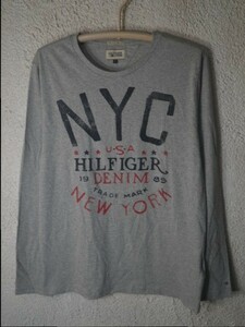 ｎ3332　美品　ヒルフィガー　デニム NYC　Tommy　HILFIGER　DENIM　トミー　オールド　プリント　加工　長袖　tシャツ　ロンt　人気