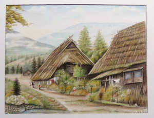 ◎色鉛筆での塗り絵・宅配８０サイズ・茅葺のある風景画 田園風景画 (170×223)　絵画 色鉛筆画 イラスト