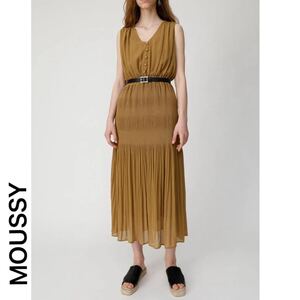 MOUSSY V NECK CHIFFON GATHER ドレス ロングスカート　プリーツ　フリーサイズ マウジー ダークイエロー マキシドレス ノースリーブ 美品