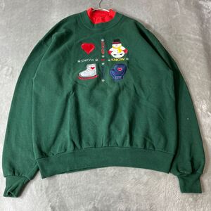 USA製 90s ヴィンテージ スウェット トレーナー トップス US古着 緑 グリーン 刺繍　レトロ　かわいい 雪だるま XL VINTAGE