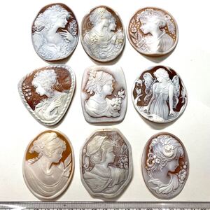 1円〜!!◯シェルカメオおまとめ98.9g◯j 約494.5ct ルース 裸石 宝石 shell cameo ブローチ 貴婦人 彫刻 アンティーク 作家物 w4ま63