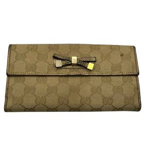 【1円スタート】GUCCI　グッチ　財布　長財布　リボン　GGキャンバス　ダブルホック　カーキベージュ　茶