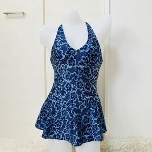 467【水着ワンピース】美品 体型カバー一体型ワンピース レトロ プール 可愛い女子大人セクシー ツル生地 ハイビスカス ネイビー系LLサイズ