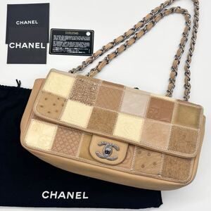 極美品 シャネル CHANEL チョコバー アイコン ショルダーバッグ チェーン ベージュ オーストリッチ ハラコ ラムスキン カード&シールあり 