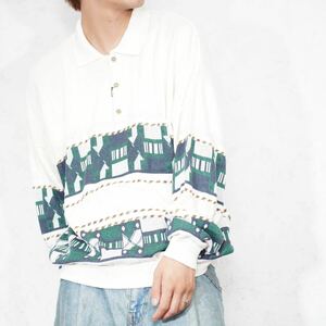 EU VINTAGE PATTERNED DESIGN KNIT POLO SHIRT/ヨーロッパ古着柄デザインニットポロシャツ