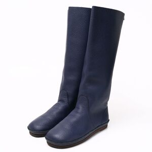 GQ8138▲KOOS/コース LUCAS/ルーカス L レザー/本革 ロングブーツ フラットソール 靴 ネイビー サイズ38/約24cm相当