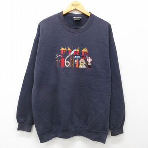 XL/古着 リー Lee 長袖 スウェット メンズ 00s 消防服 FIRE 刺繍 クルーネック 紺 ネイビー 24nov02 中古 スエット トレーナー トップス