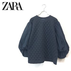 1N1439-F◆ ZARA ザラ キルティングボリュームスリーブカットソー トップス ◆ sizeS コットン ブラック 古着 レディース 秋冬